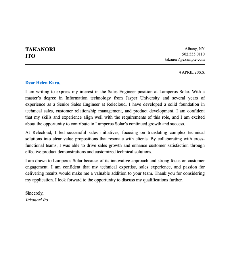 Basic sales cover letter - Professional sales cover letter template for job applications with clean layout and structured sections for sender, recipient, and body content.